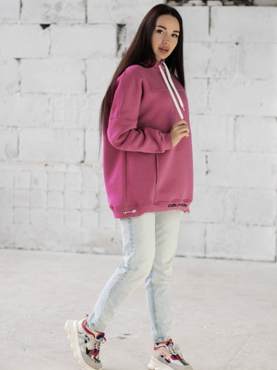Жіночий худи на флісі з капюшоном Oversize -  "Оллі" - малиновий 