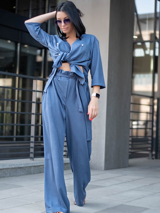 Літній легкий костюм - Трикотаж - Брюки з блузою - "Донна" - Індіго 6