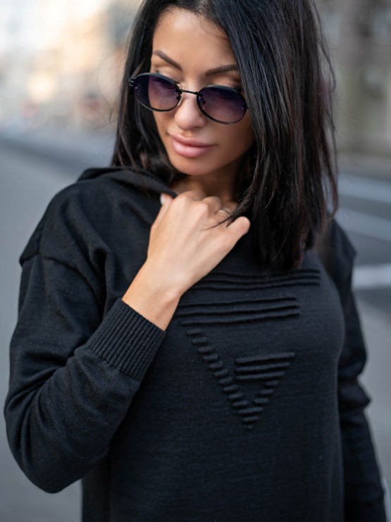 Тепла довга сукня з капюшоном - Машинна в'язка - "Агата" - Чорна 5