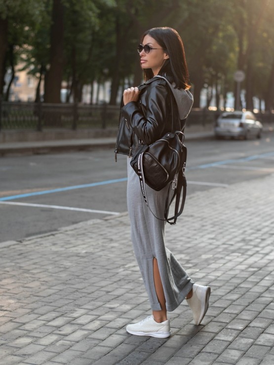 Тепла довга сукня з капюшоном - Машинна в'язка - "Агата" - Сірий 1