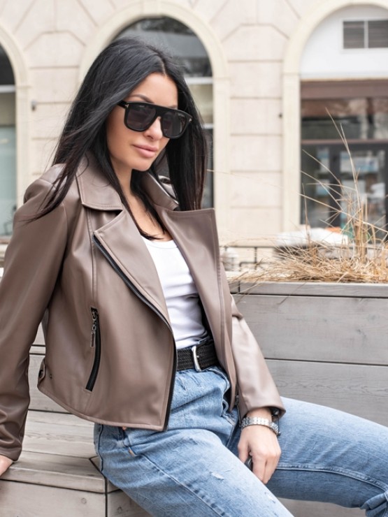 Косуха жіноча на блискавці - Еко-шкіра - Мокко 1