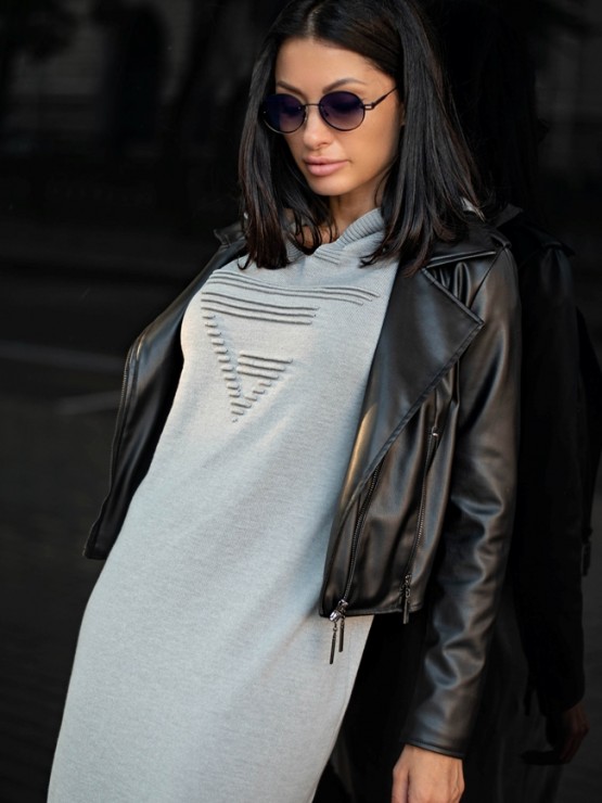 Тепла довга сукня з капюшоном - Машинна в'язка - "Агата" - Сірий 3