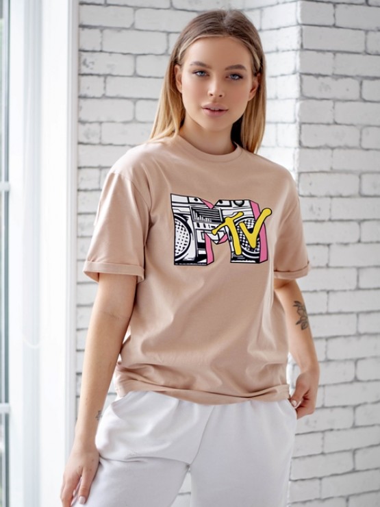Жіноча футболка - оверсайз -  бежева з принтом MTV 1