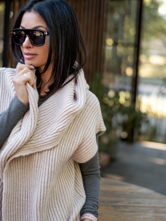 Пончо з капюшоном - Шерсть - Акрил - Пісок 1