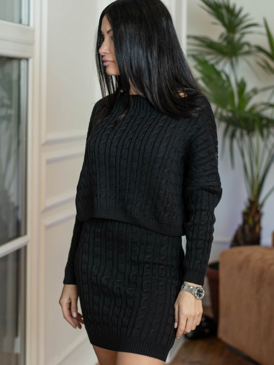 В'язаний жіночий костюм - Спідниця міні і светр вільного крою - машинна в'язка - "Адель" -  Чорний 2