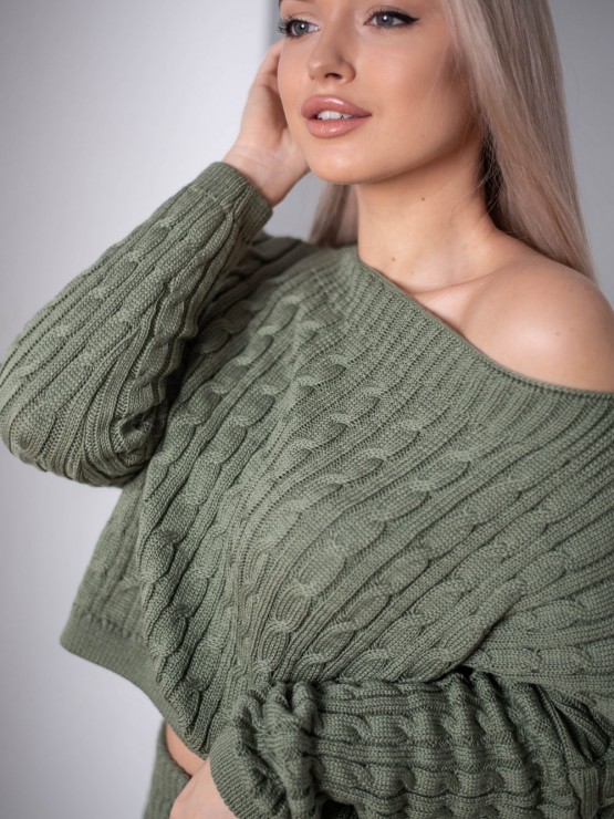 В'язаний жіночий костюм - Спідниця міні і светр вільного крою - машинна в'язка - "Адель" - Хакі 4