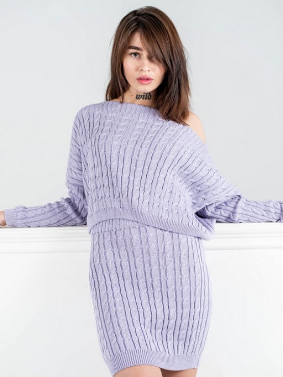 Женский вязаный костюм - Юбка мини и свитер свободного кроя - машинная вязка - "Адель" - Лаванда 3