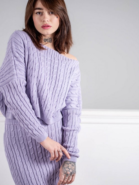 Женский вязаный костюм - Юбка мини и свитер свободного кроя - машинная вязка - "Адель" - Лаванда 5