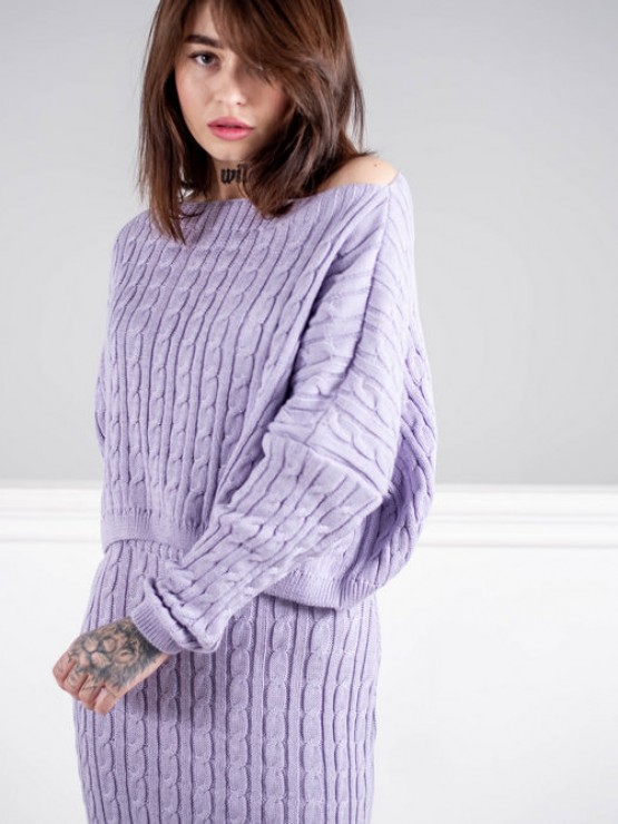 Женский вязаный костюм - Юбка мини и свитер свободного кроя - машинная вязка - "Адель" - Лаванда 6
