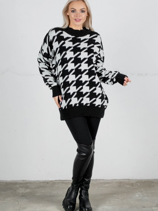 Свитер" Донна " - Гусиная лапка - шерсть - Oversize -  Черный-белый 