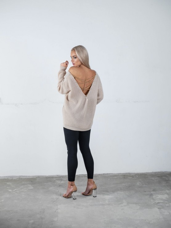 Светр з відкритою спиною oversize - машинна в'язка - "Кайлі" - Бежевий 5
