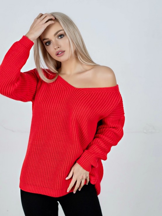 Светр з відкритою спиною oversize - машинне в'язання - "Кайлі" - Червоний 2