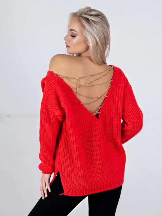 Светр з відкритою спиною oversize - машинне в'язання - "Кайлі" - Червоний 5