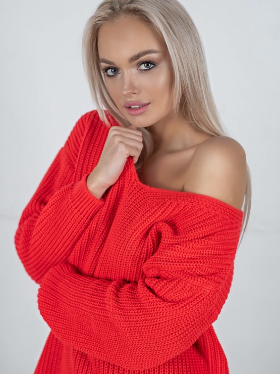 Светр з відкритою спиною oversize - машинне в'язання - "Кайлі" - Червоний 