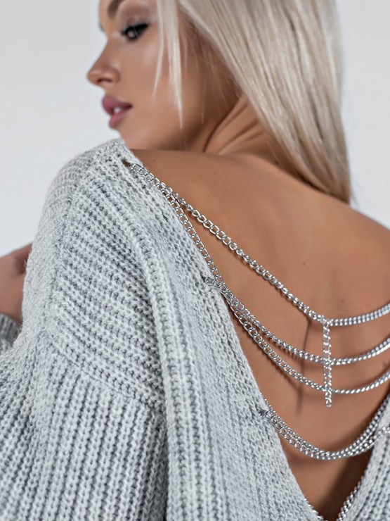 Свитер с открытой спиной oversize - машинная вязка - "Кайли" - Серый 7