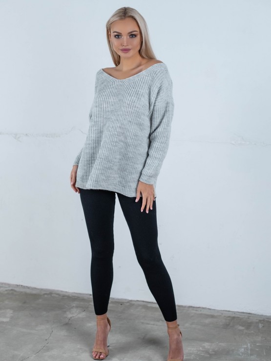 Свитер с открытой спиной oversize - машинная вязка - "Кайли" - Серый 
