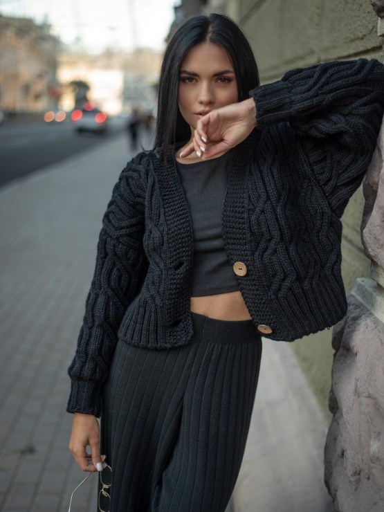 Укорочений кардиган із гудзиками - one size - "FLORA" чорний 4