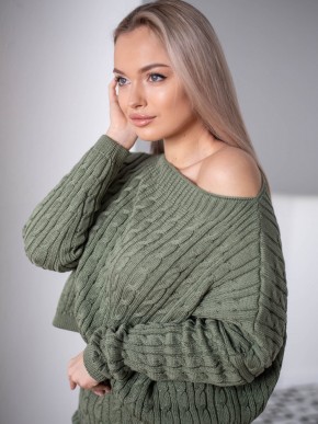 В'язаний жіночий костюм - Спідниця міні і светр вільного крою - машинна в'язка - "Адель" - Хакі